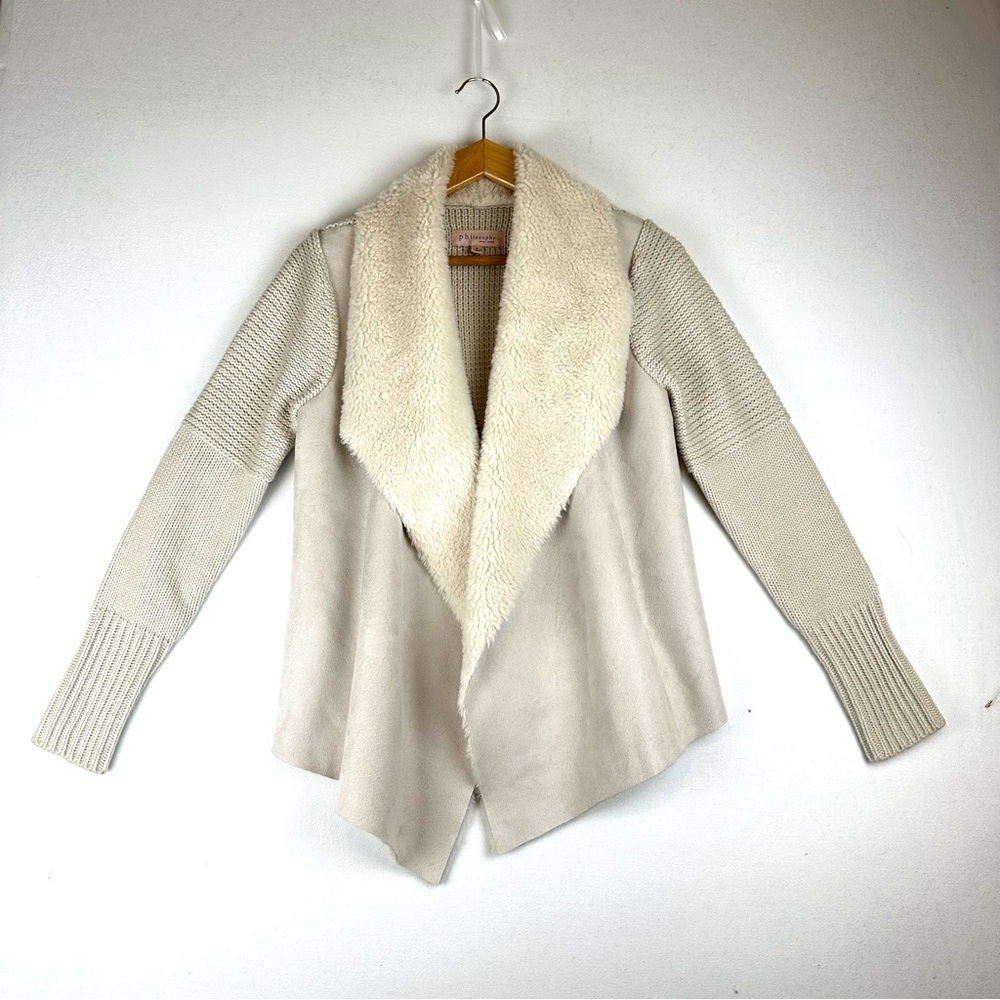Philosophy Faux Fur Collared Faux Suede Open Front Cardigan Sweater
